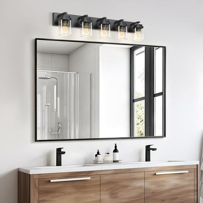 Black Bathroom Light Fixtures, 5 Lights Bathroom Lighting Fixtures Over Mirror, Square Design & Rectangle Large Backplate, Modern Vanity Lighting Fixtures, for Bathroom/Living Room/Bedroom