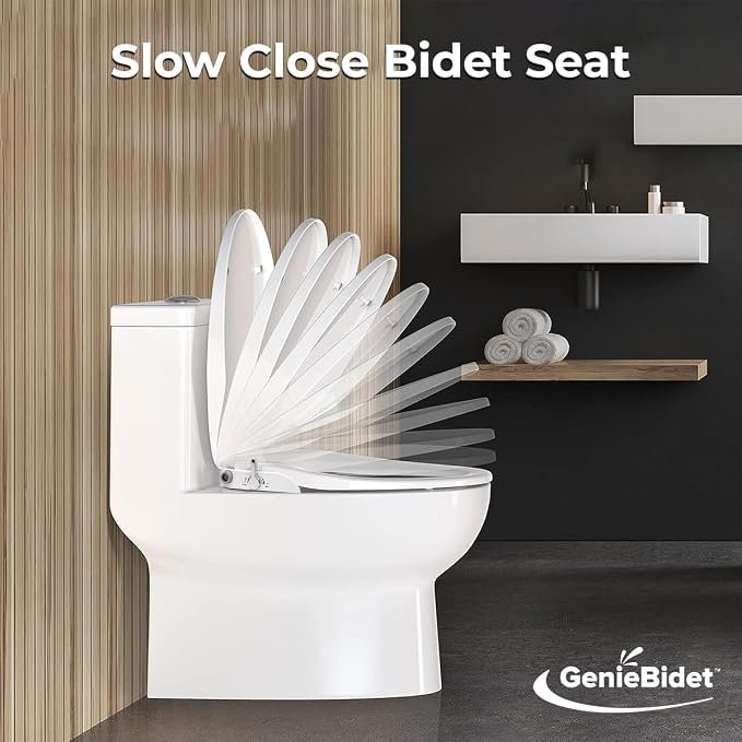 GenieBidet Bidet Toilet Seat Elongated | Fits Your Current Toilet Seat | No Wiring & Easy Install Elongated Bidet | Self Cleaning Dual Nozzles with Rear & Feminine wash | Hybrid T included