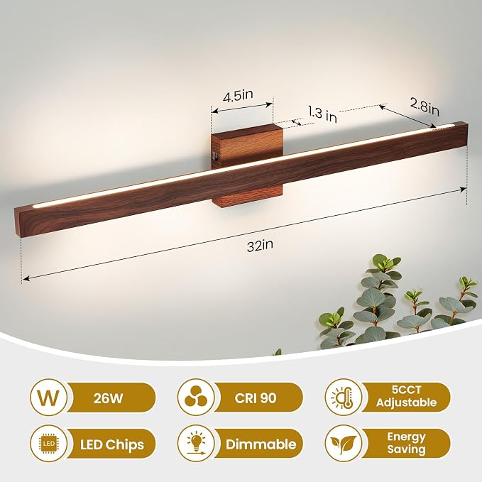 Bathroom Vanity Light 32 Inch, 26W Dimmable 5CCT LED Bathroom Light Fixture Over Mirror Brown Wood Finish Vanity Lighting Fixture Bar with Up & Down Lighting for Restroom Bedroom