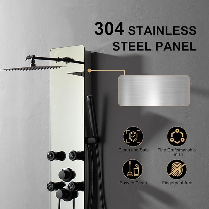 Shower Panel Tower System with Adjustable Rainfall Head Handheld Shower 2-Setting Body Jets and Tub Spout Multifunction Shower Panel, Brushed Stainless Steel and Glass