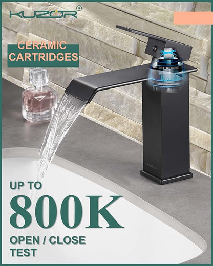 Matte Black Waterfall Bathroom Faucet – Single Hole 304 Stainless Steel Sink Faucet with Metal Pop-Up Drain, Low-Profile Design for Modern Vanities