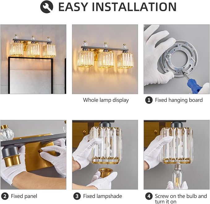 3-Light Modern Crystal Vanity Light - Black Gold Bathroom Light Fixtures Over Mirror