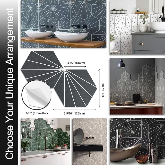 AULIGET Flower Vintage Hexagon Tile Peel and Stick Backsplash, 6"x7" Self Adhesive Wall Tiles in Grey (Pack of 45)