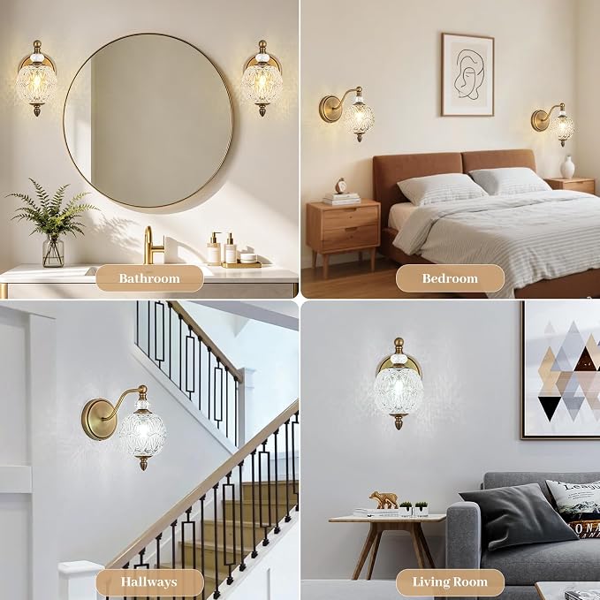 1 Piece Vintage Wall Sconce, 1-Light Mid Century Matte Antique Brass Finish Wall Sconce with Globe Glass Shade, Retro Light for Bathroom, Bedroom, Living Room,Powder Room