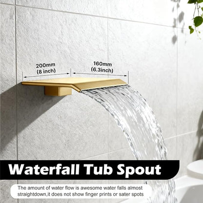 Midanya Shower System with Tub Spout,10 Inch Shower Head,Brushed Gold | with Valve & Trim Kit,Square Rain Head,Handheld Sprayer,Waterfall Spout,All Metal Wall Mount Bathroom Shower Tub Faucet Set