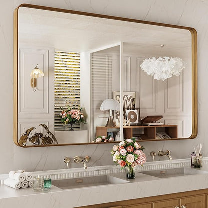 LOAAO 60X40 Inch Bathroom Mirror with Wood Grain Colored Metal Frame | Rounded Rectangle Metal Framed, Anti-Rust, Hangs Horizontally or Vertically, Tempered Glass