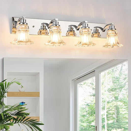 Vintage 4-Light Bathroom Vanity Light, Chrome Bathroom Light Fixtures with Floral Clear Glass Shades, Antique Wall Sconce Fixtures for Dressing Table, Bedroom
