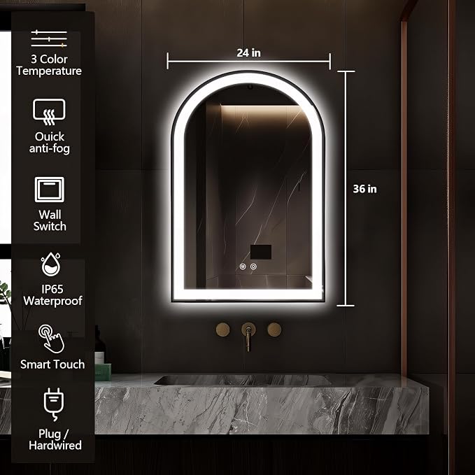 Arched LED Bathroom Mirror, 36"x24" Arch Backlit Vanity Mirror with Lights, Frontlit, Dimmable, 3 Colors, Memory Function, Anti-Fog Smart Mirror, Black Frame, Shatterproof, UL Listed