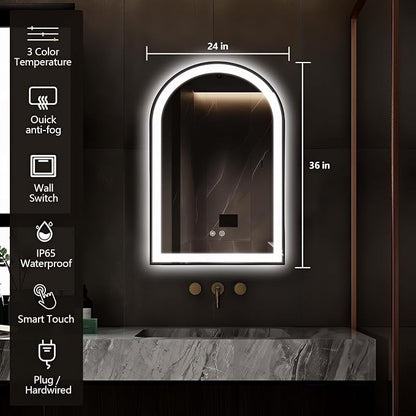 Arched LED Bathroom Mirror, 36"x24" Arch Backlit Vanity Mirror with Lights, Frontlit, Dimmable, 3 Colors, Memory Function, Anti-Fog Smart Mirror, Black Frame, Shatterproof, UL Listed