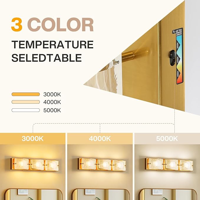 Tribesigns 3-Light Vanity Fixtures, Curved Cloud Glass Lampshades Gold Copper Plate, Modern Bathroom Wall Lighting Fixtures Over Mirror, 3CCT LED Vanity Lights (22-Inch, 3000K/4000K/5000K, Dimmable)