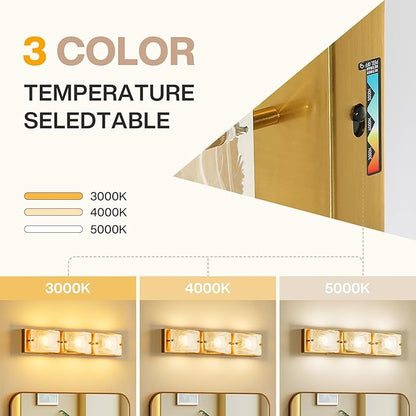 Tribesigns 3-Light Vanity Fixtures, Curved Cloud Glass Lampshades Gold Copper Plate, Modern Bathroom Wall Lighting Fixtures Over Mirror, 3CCT LED Vanity Lights (22-Inch, 3000K/4000K/5000K, Dimmable)