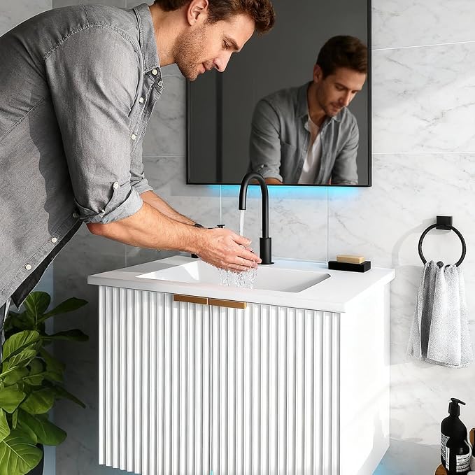 Bathroom Vanity with Sink, 30" Wall Mounted Floating Vanity Cabinet, Modern Bathroom Sinks with LED Light, Metal Handle & Double Soft-Close Doors, White