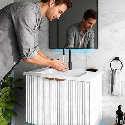 Bathroom Vanity with Sink, 30" Wall Mounted Floating Vanity Cabinet, Modern Bathroom Sinks with LED Light, Metal Handle & Double Soft-Close Doors, White