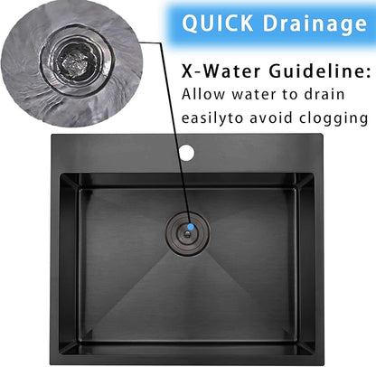 KINGO HOME 22x18 Inch Black Kitchen Sink,Drop In 16 Gauge RV Small Kitchen Bar Sinks,Stainless Steel Topmount Outdoor Prep Single Bowl Workstation Wet Bar Sink with Stainless Steel Strainer