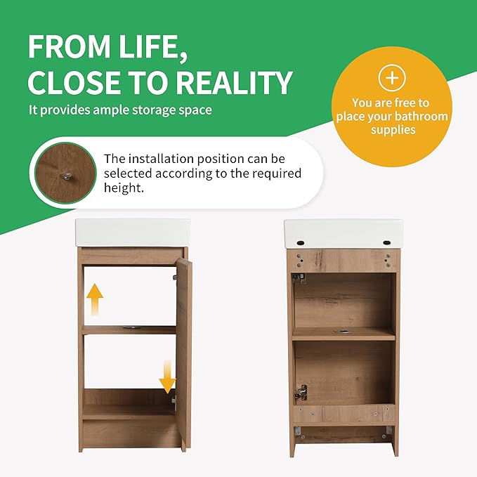 16" Bathroom Vanity with Sink & Storage, Freestanding Vanity Cabinet for Small Bathrooms, Modern 1-Door Floor-Mounted Design, Bathroom Sink Combo Furniture (Light Brown)