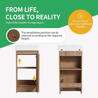 16" Bathroom Vanity with Sink & Storage, Freestanding Vanity Cabinet for Small Bathrooms, Modern 1-Door Floor-Mounted Design, Bathroom Sink Combo Furniture (Light Brown)