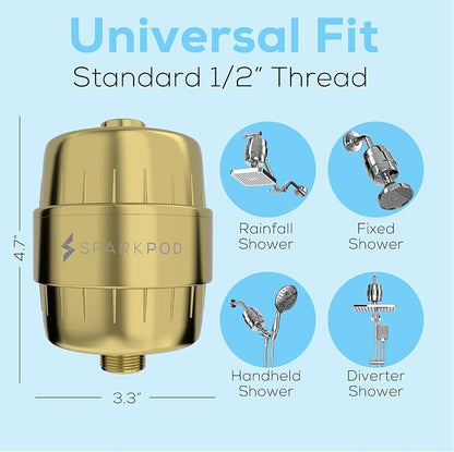 SparkPod 23-Stage Shower Head Filter for Showerheads, Egyptian Gold | Removes Chlorine & Heavy Metals, Helps Improve Hard Water, with Activated Carbon and KDF-55 Layers, High Output