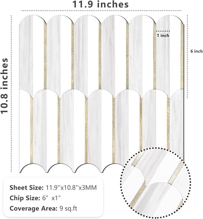 Vamos Tile Peel and Stick Backsplash Seamless Tile,1-Sheet Stick on Backsplash for Kitchen,Dolomite Gray and White+Light Gold Metal Self Adhesive PVC Tiles（Sample）