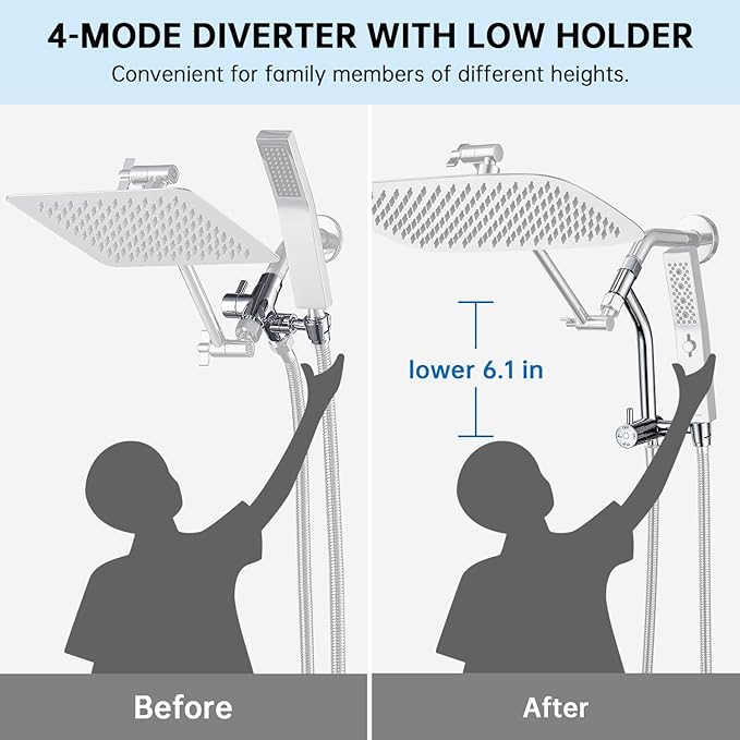 G-Promise 14 Inch All Metal Rain Shower Head with Handheld Spray (Chrome) | Suits Every Height, Pause Mode Diverter, Massage Mode Handheld, Full Body Coverage, Easy to Install, Modern Bath Upgrade
