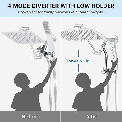 G-Promise 14 Inch All Metal Rain Shower Head with Handheld Spray (Chrome) | Suits Every Height, Pause Mode Diverter, Massage Mode Handheld, Full Body Coverage, Easy to Install, Modern Bath Upgrade