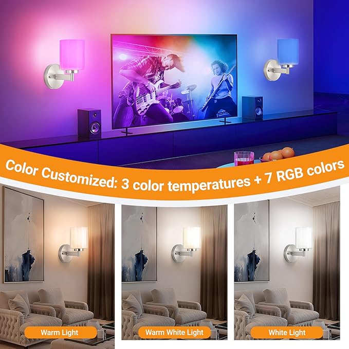Battery Operated Wall Sconce Set of 2, Wireless Wall Sconce with Remote,10000mAh Rechargeable RGB Dimmable Bathroom Light Fixtures with Double Clear Glass Shade NOT Hardwired (Nickel)