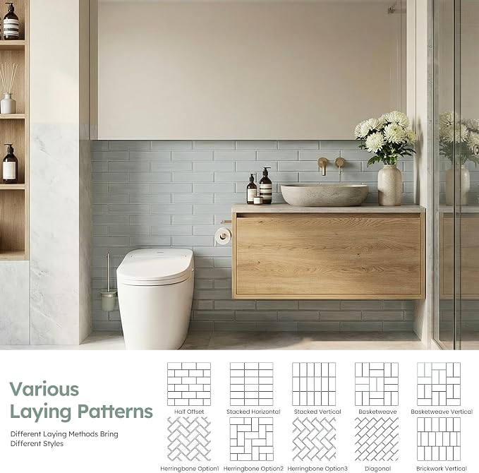 Peel and Stick Glass Subway Tiles, Pearl Gray, 3x12 Inch, 5 Sq.ft | Water Wave Glass Tile for Kitchen Backsplash, Bathroom, Accent Wall