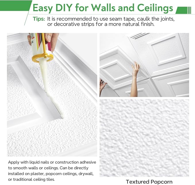 STICKGOO Glue-Up Ceiling Tiles, Popcorn Textured White, 24 x 24 in, 12 Pack | 2 x 2ft Drop ceiling panels, PVC decorative ceiling tiles, covers 48 sq ft, waterproof, lightweight