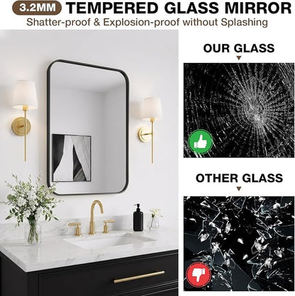 24"x30" Matte Black Rectangle Vanity Bathroom Mirror, Set of 2 | Aluminum Alloy Frame, Clear Reflection, Rust-Resistant, Vertical or Horizontal, Wall Mount, Bedroom and Entryway