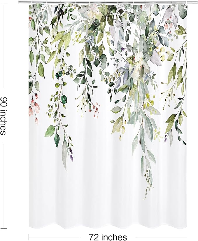 Sage Green Eucalyptus Shower Curtain, Floral Print, 72x90 | Watercolor Plant Leaves Floral Print, Extra Long Waterproof Fabric Bathroom Decor, Machine Washable, Rustproof Grommets