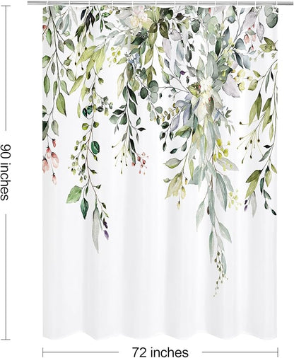 Sage Green Eucalyptus Shower Curtain, Floral Print, 72x90 | Watercolor Plant Leaves Floral Print, Extra Long Waterproof Fabric Bathroom Decor, Machine Washable, Rustproof Grommets