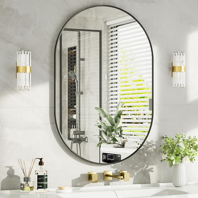 16"x20" Matte Black Oval Bathroom Mirror for Over Sink, Vanity Mirror | Aluminum Alloy Frame, Clear Reflection, Rust-Resistant, Vertical or Horizontal, Wall Mount, Bedroom and Entryway