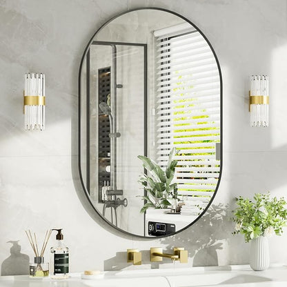 16"x24" Matte Black Oval Bathroom Mirror for Over Sink, Vanity Mirror | Aluminum Alloy Frame, Clear Reflection, Rust-Resistant, Vertical or Horizontal, Wall Mount, Bedroom and Entryway