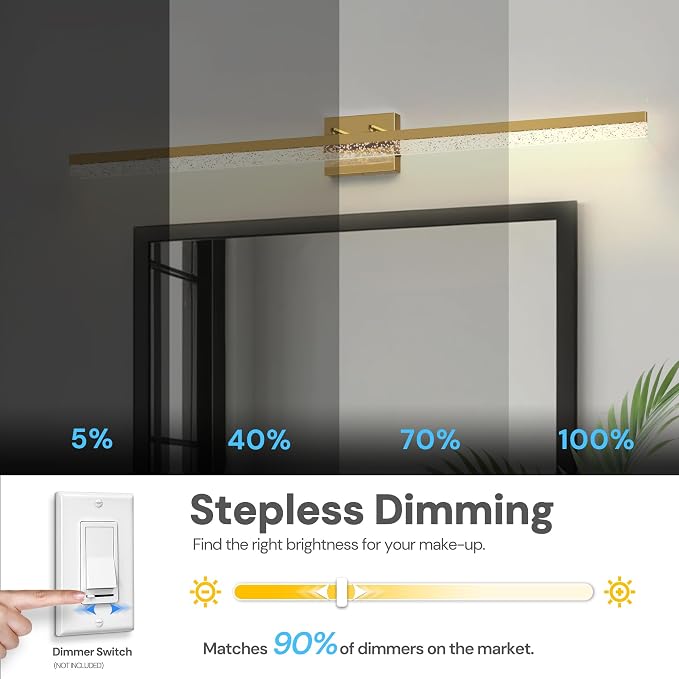 L LOHAS LED 48 Inch Gold Vanity Light Bar Over Mirror Acrylic Shade 3CCT | Modern Gold LED Bathroom Lighting With Bubbled Acrylic Shade, Adjustable Vanity Fixture for Mirror and Living Room Wall
