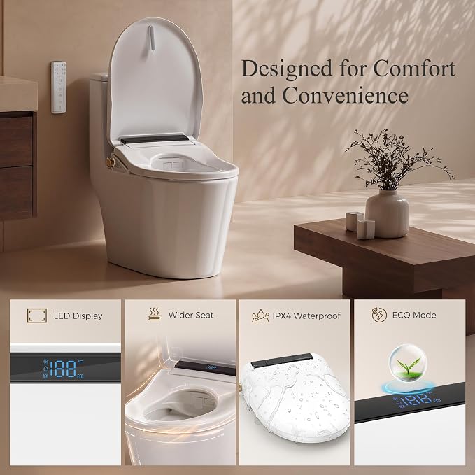 GAICOM Electric Bidet Toilet Seat Heated Seat Fits Round & Elongated | Instant Warm Water, Warm Air Dryer, Remote & Side Knob Control, Self-Cleaning Nozzle, LED Display, Night Light