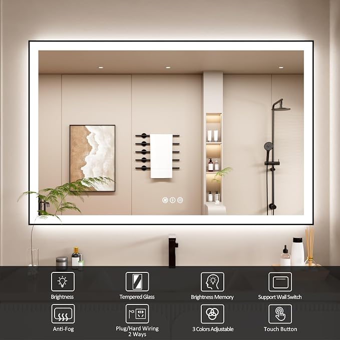 55x36 Inch LED Bathroom Mirror with Black Frame | Black Metal Frame, Front and Backlit, 3 Colors, Dimmable, Memory, Anti Fog, Tempered Glass, Lighted Mirror for Wall