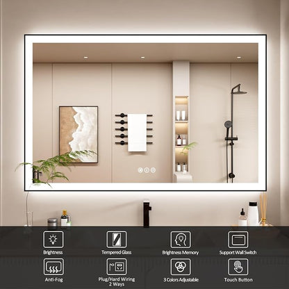 55x36 Inch LED Bathroom Mirror with Black Frame | Black Metal Frame, Front and Backlit, 3 Colors, Dimmable, Memory, Anti Fog, Tempered Glass, Lighted Mirror for Wall