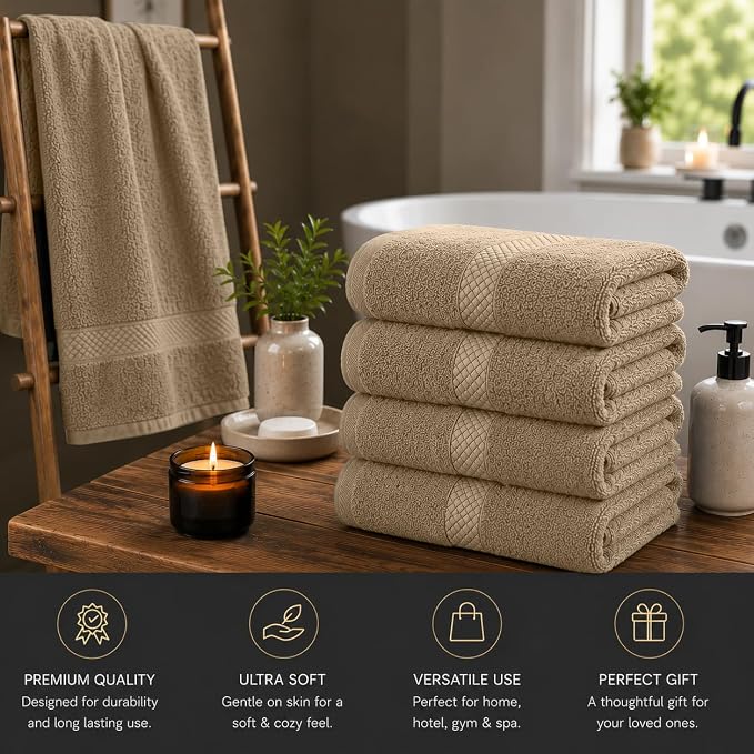 DAN RIVER 600 GSM Cotton Large Bath Towels Set of 4, 27 x 54 Inches, Tan | Larger & Lighter Weight Towels for Bathroom - Highly Absorbent & Quick Dry 100% Cotton Bath Towel Set for Home, Spa & Hotel