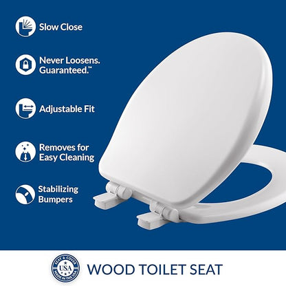 Myafair Alesio II Slow Close Toilet Seat, Easy Clean Hinges and Adjustable Perfect Fit Wood Seat, Made in USA, Round, White