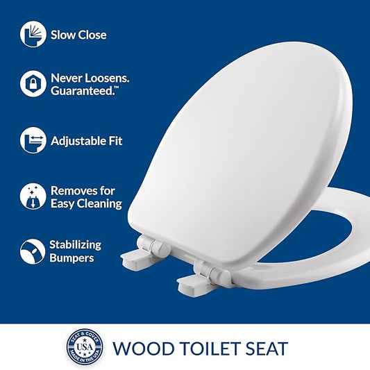 Myafair Alesio II Slow Close Toilet Seat, Easy Clean Hinges and Adjustable Perfect Fit Wood Seat, Made in USA, Round, White