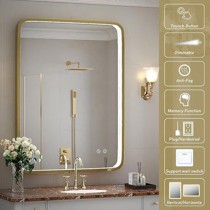 LED Bathroom Mirror with Light,Gold Frame,24x32 Inch | ETL Listed,Anti-Fog,3000K/4500K/6000K Dimmable,Horizontal & Vertical,Wall Mounted,Memory Function