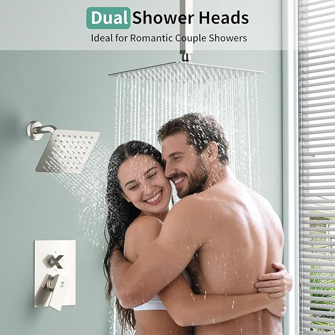 Shower Faucet Set Shower System - SR SUN RISE Brushed Nickel Shower Trim Kit with Dual Shower Head, 12'' Ceiling Rainfall 6'' Wall Mount with Handheld Shower for Couples, Complete 6 Diverter Valve