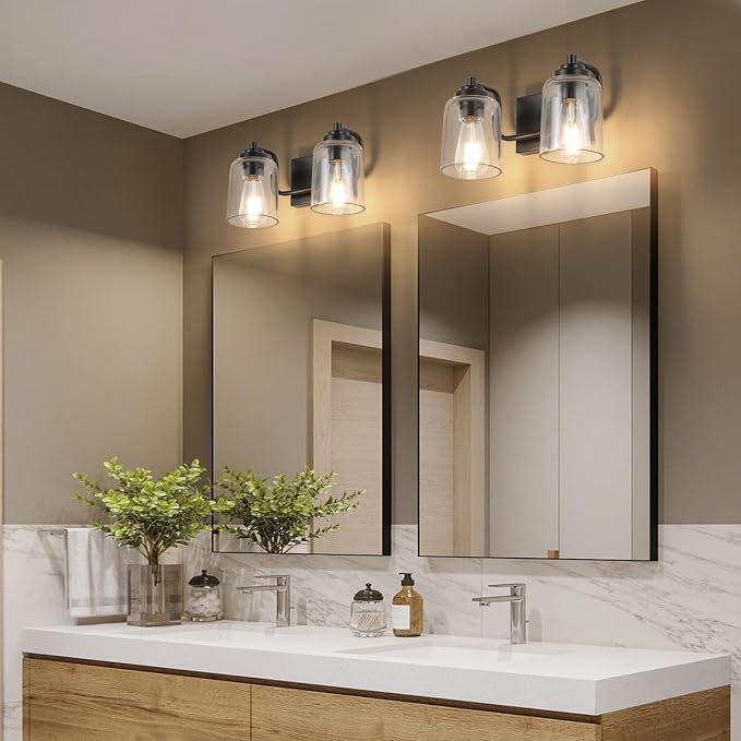 SOLFART Matt Black 2 Lights Wall Sconces Bathroom Light Fixtures Wall Light Fixtures Lighting Fixtures Over Mirror 13.8 Inch Wall Mount