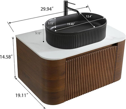 30" Preassembled Floating Bathroom Vanity with Black Sink, Walnut | Mid-Century Modern Style, Fluted & Soft-Close Drawer with U-shaped Wall, Sinterted Stone Countertop, Towel Rack Included