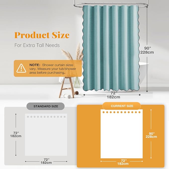 BTTN 72x90 Boho Scalloped Linen Textured Cloth Shower Curtain Set, Teal | Long Size, 230GSM Waterproof Polyester, Heavy Duty Fabric, 12 Plastic Hooks, Elegant Modern Farmhouse Style, Machine Washable
