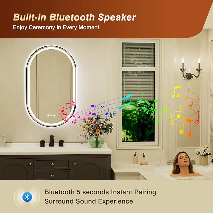 22x36 Inch Oval Black Framed LED Bathroom Mirror with Lights, Built-in Bluetooth Speaker,Tempered Glass,Dimmable Lighted Bathroom Vanity Mirror with 3 Colors, Backlit + Frontlit, Memory, Anti-Fog