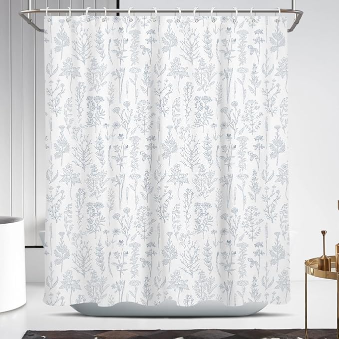 Coxila Vintage Floral Shower Curtain Blue and White Flower Retro Cute Rustic Country Spring Summer Fun Boho Plant Botanical Wildflower Pretty Leaf Bathroom 60 x 72 Inch Polyester Fabric 12 Pack Hooks