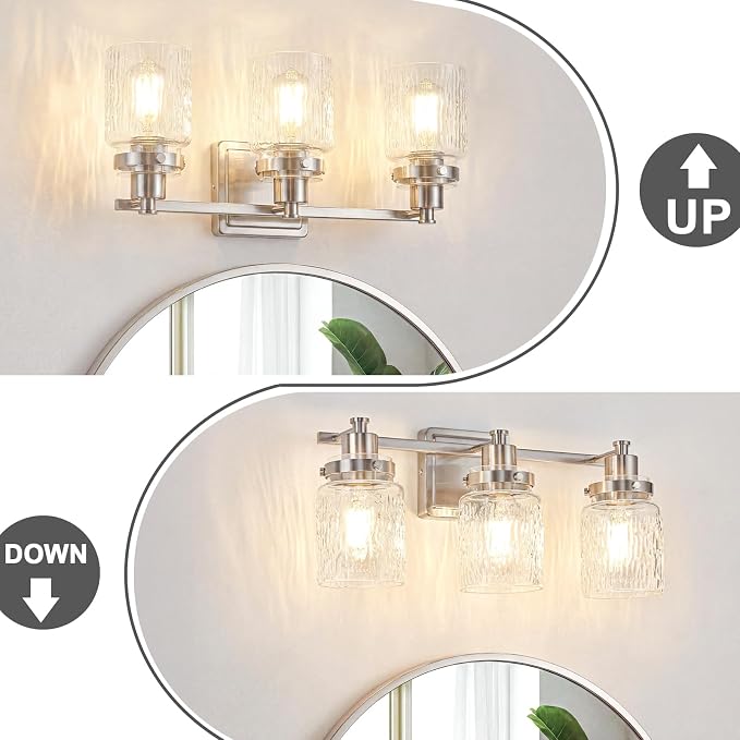 3 Light Bathroom Vanity Light Fixtures Modern Brushed Nickel | ETL Certificate, Easy to Install,Wall Mount Up or Down,Hammered Glass Lampshade,E26 Socket,Hardwired,120V