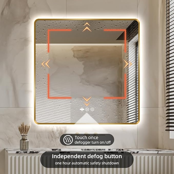 36" x 36" Gold LED Bathroom Mirror with Lights - Motion Sensor | Smart Backlit Mirror, Anti Fog, Stepless Dimmable & 3-Color, Wall Mounted Lighted Bathroom Vanity Mirror, UL-Listed, CRI≥93