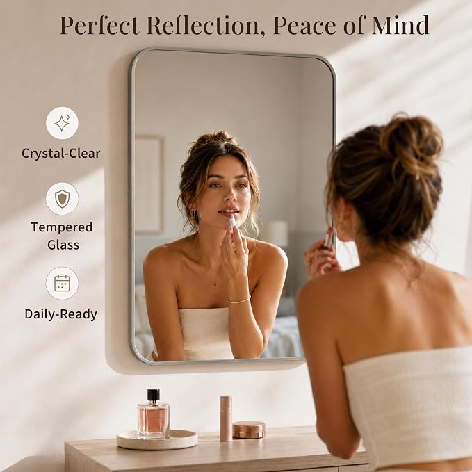 2-Pack 22x30 Inch Brushed Nickel Rounded Rectangle Vanity Mirrors | Double Vanity or Two Bathrooms, Pair or Separate Use, Aluminum Frame, Slim Front Profile, Two-Way Mount