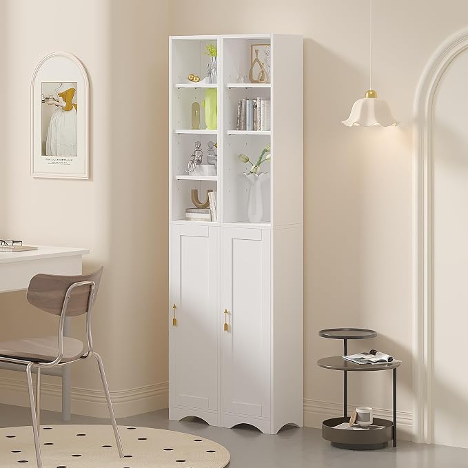 VECELO Narrow Tall Cabinet with Closed Door, 6 Adjustable Movable Shelves, Wood Space Saving Corner Storage Unit, Pearl White